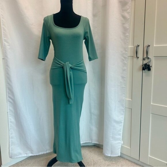 See You Monday dusty mint green ribbed front tie midi dress Sz M NWT - Picture 2 of 12